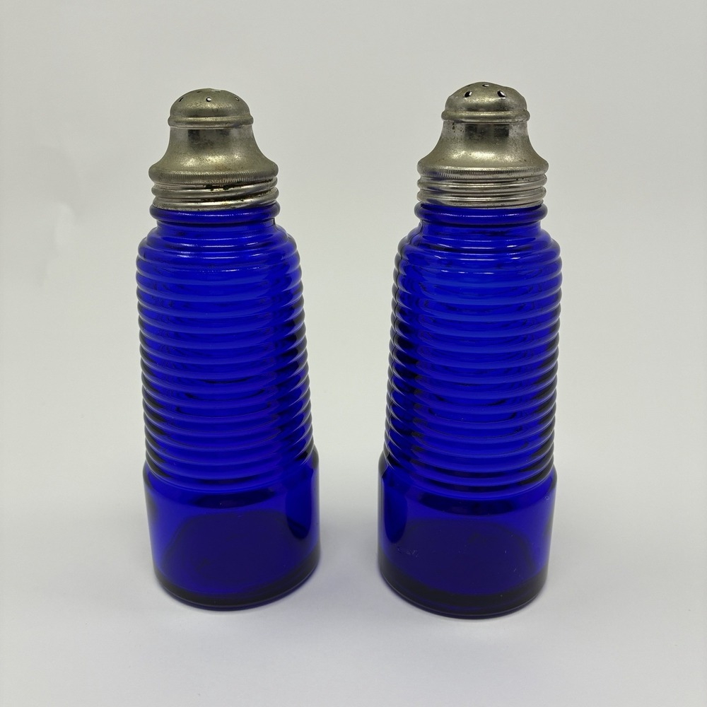 Vintage Cobalt Blue Glass Salt & Pepper Shakers Tall Ribbed Original Lids 5.5"